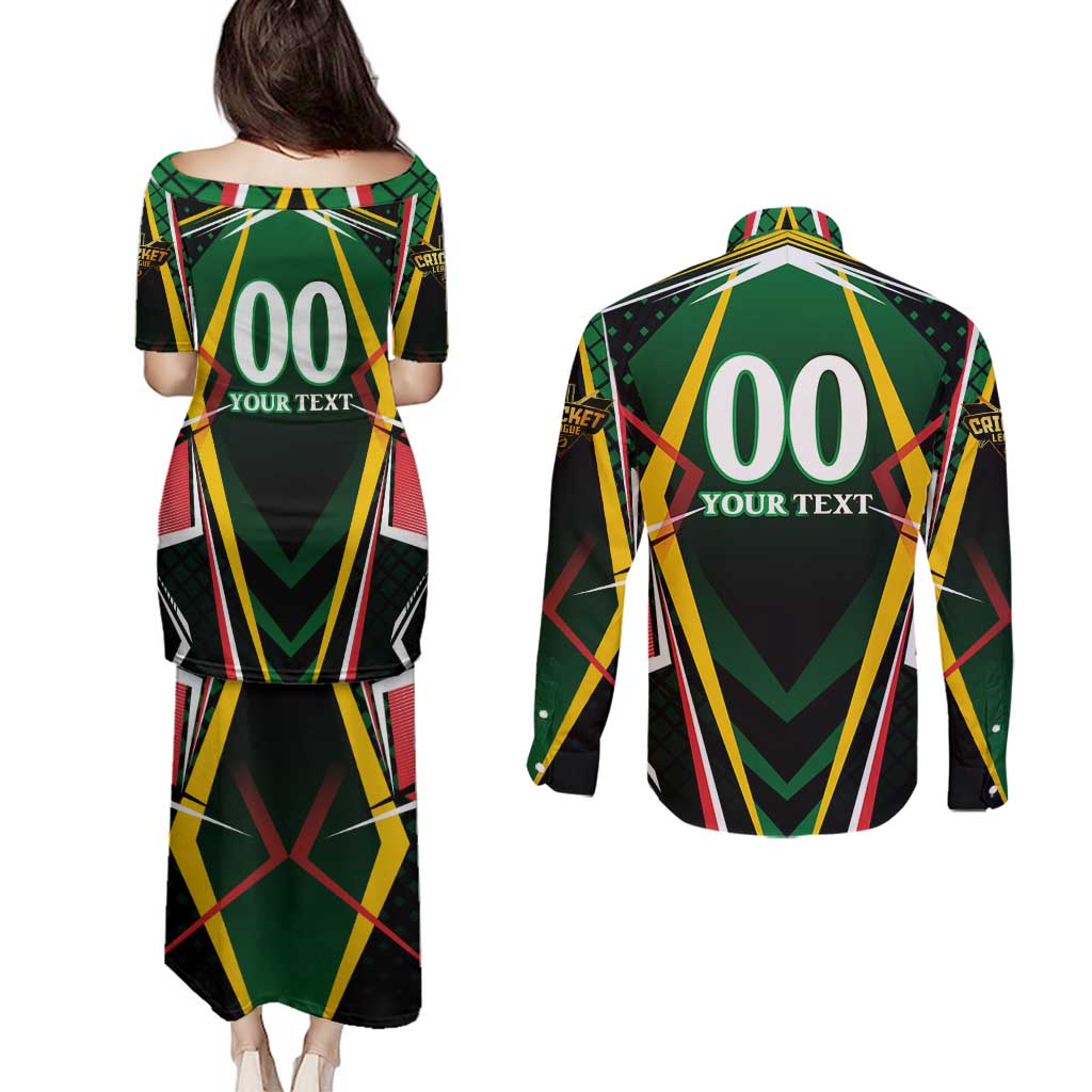 Personalised St Kitts and Nevis Cricket Patriots Couples Matching Puletasi and Long Sleeve Button Shirt Rising with Caribbean Battlefield