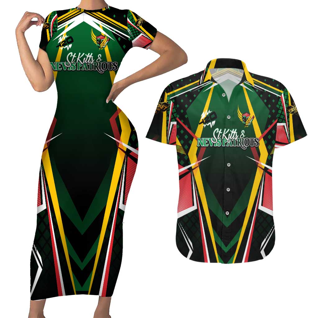 Personalised St Kitts and Nevis Cricket Patriots Couples Matching Short Sleeve Bodycon Dress and Hawaiian Shirt Rising with Caribbean Battlefield