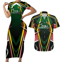 Personalised St Kitts and Nevis Cricket Patriots Couples Matching Short Sleeve Bodycon Dress and Hawaiian Shirt Rising with Caribbean Battlefield