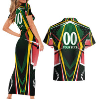 Personalised St Kitts and Nevis Cricket Patriots Couples Matching Short Sleeve Bodycon Dress and Hawaiian Shirt Rising with Caribbean Battlefield