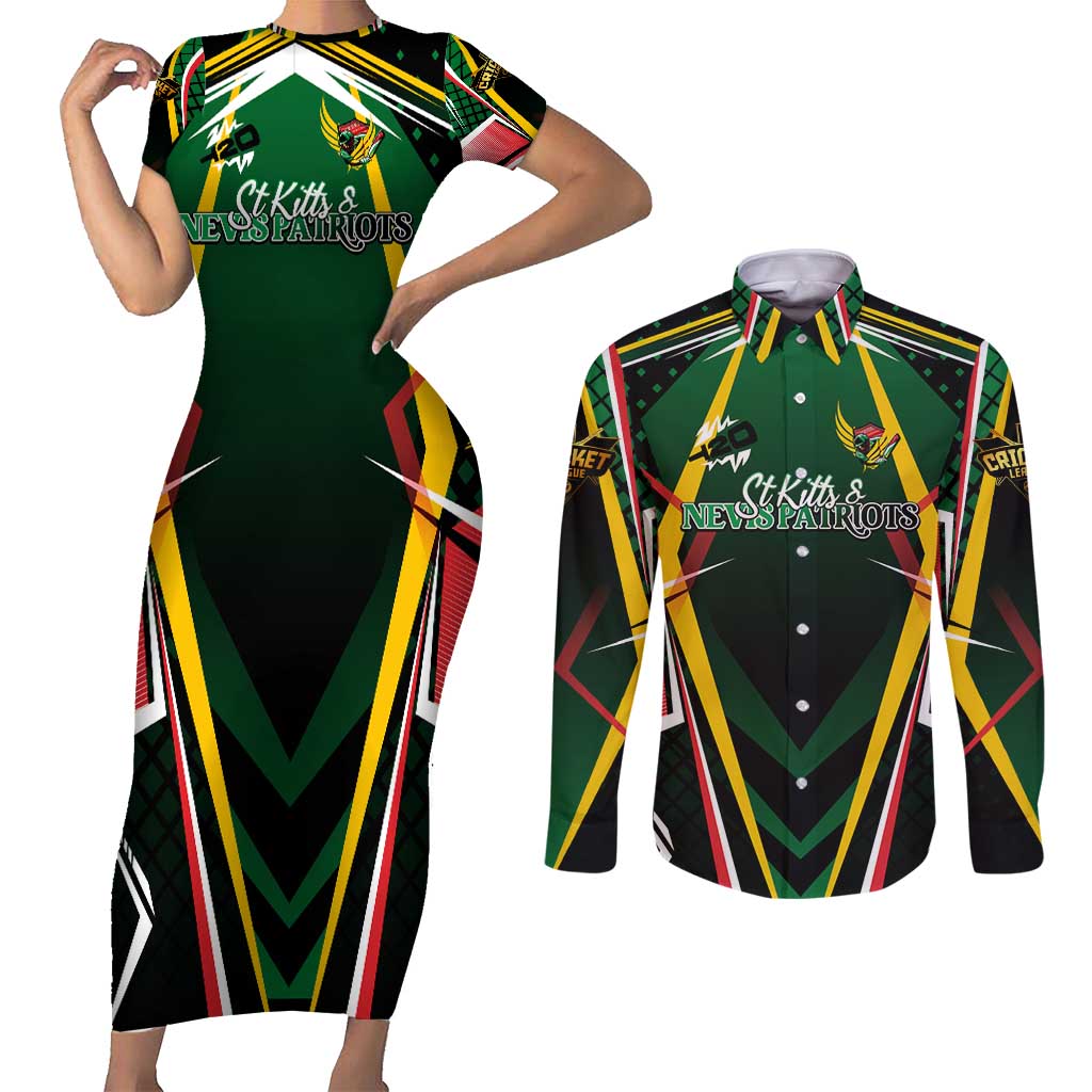 Personalised St Kitts and Nevis Cricket Patriots Couples Matching Short Sleeve Bodycon Dress and Long Sleeve Button Shirt Rising with Caribbean Battlefield