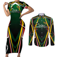 Personalised St Kitts and Nevis Cricket Patriots Couples Matching Short Sleeve Bodycon Dress and Long Sleeve Button Shirt Rising with Caribbean Battlefield
