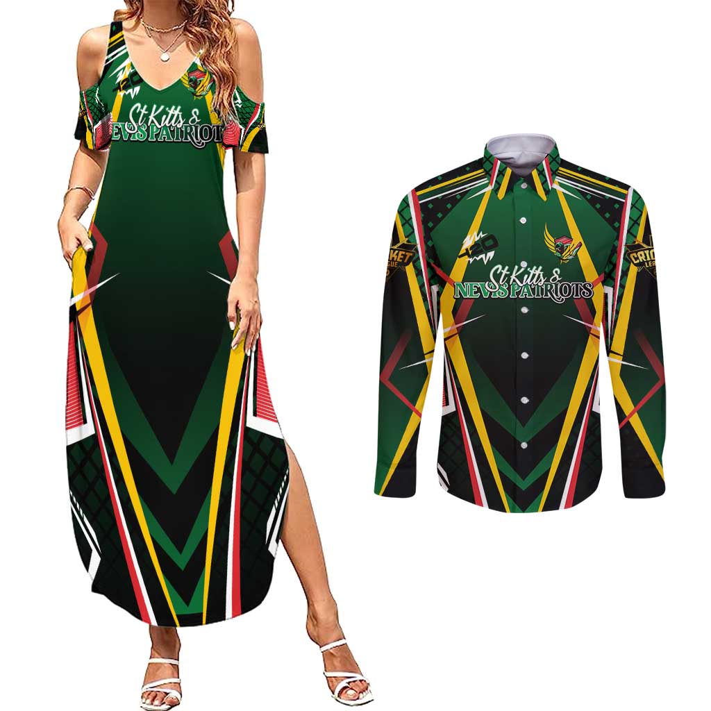 Personalised St Kitts and Nevis Cricket Patriots Couples Matching Summer Maxi Dress and Long Sleeve Button Shirt Rising with Caribbean Battlefield