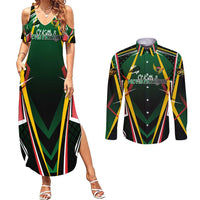Personalised St Kitts and Nevis Cricket Patriots Couples Matching Summer Maxi Dress and Long Sleeve Button Shirt Rising with Caribbean Battlefield