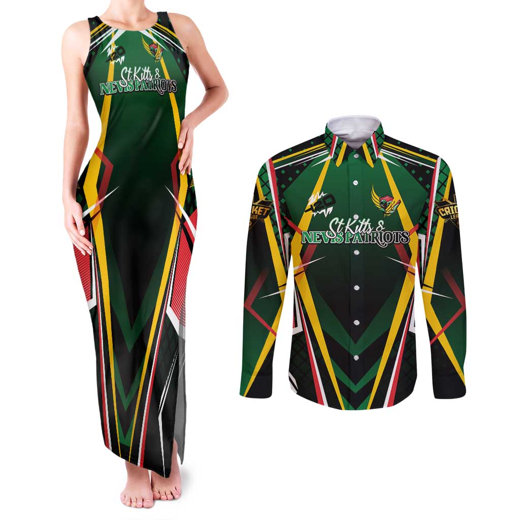 Personalised St Kitts and Nevis Cricket Patriots Couples Matching Tank Maxi Dress and Long Sleeve Button Shirt Rising with Caribbean Battlefield