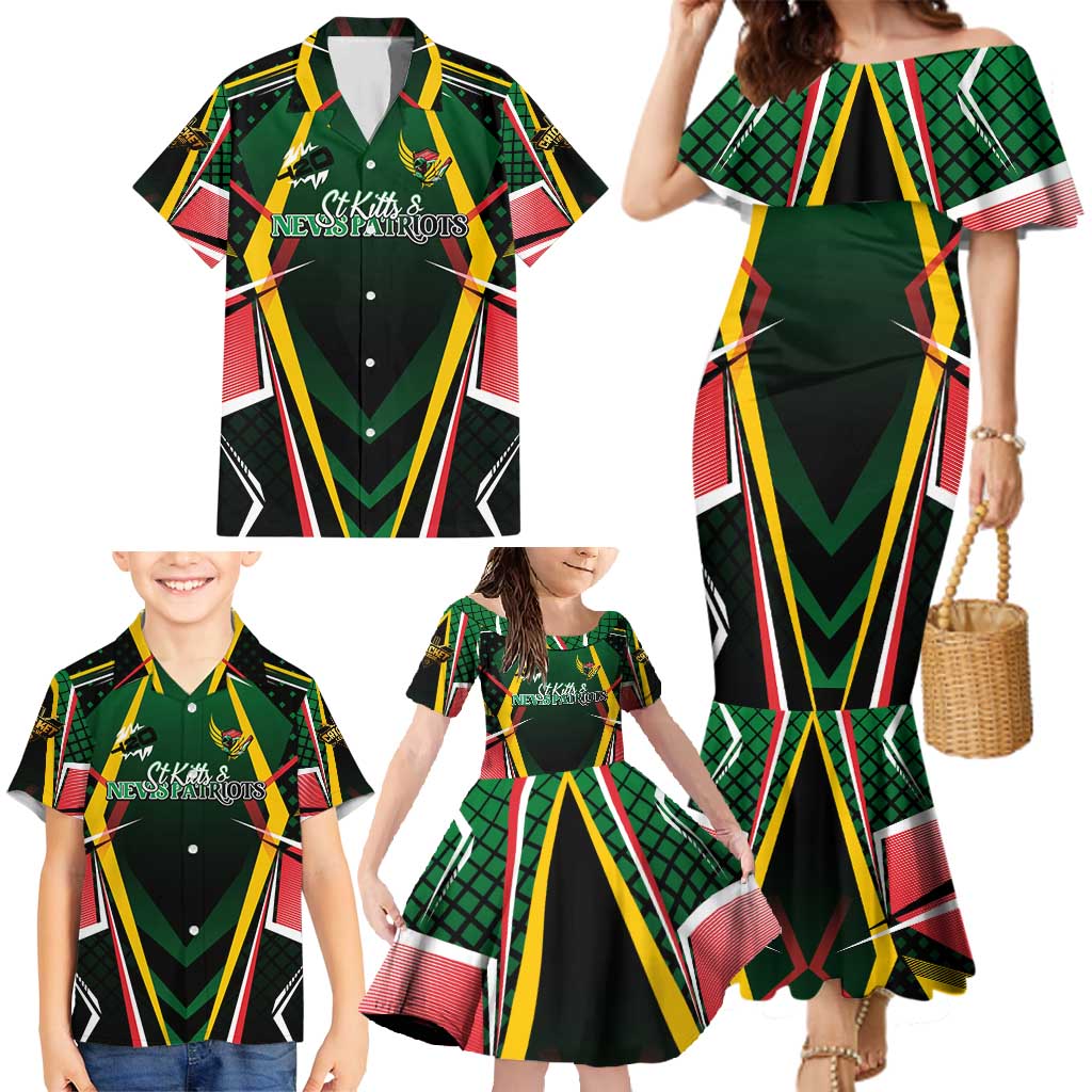 Personalised St Kitts and Nevis Cricket Patriots Family Matching Mermaid Dress and Hawaiian Shirt Rising with Caribbean Battlefield