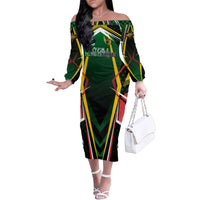 Personalised St Kitts and Nevis Cricket Patriots Family Matching Off The Shoulder Long Sleeve Dress and Hawaiian Shirt Rising with Caribbean Battlefield