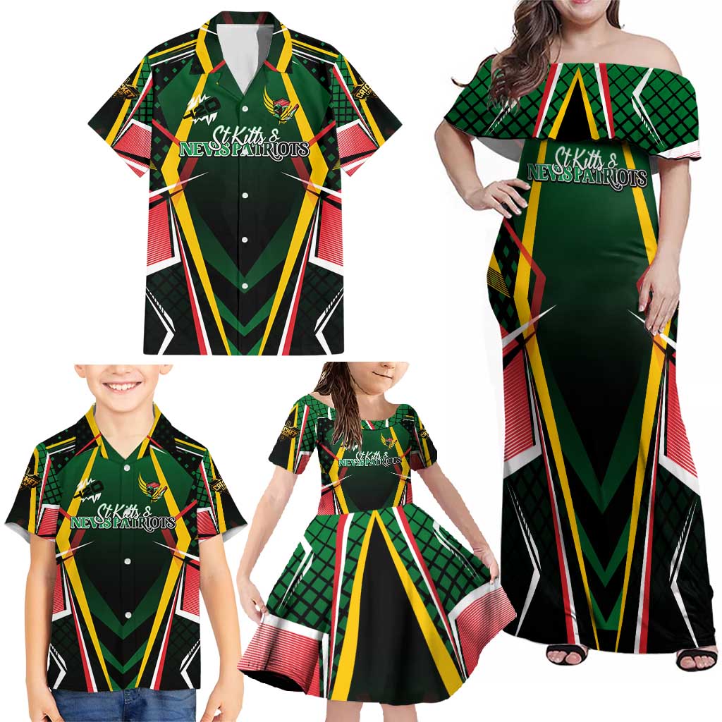 Personalised St Kitts and Nevis Cricket Patriots Family Matching Off Shoulder Maxi Dress and Hawaiian Shirt Rising with Caribbean Battlefield
