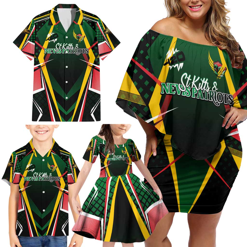 Personalised St Kitts and Nevis Cricket Patriots Family Matching Off Shoulder Short Dress and Hawaiian Shirt Rising with Caribbean Battlefield