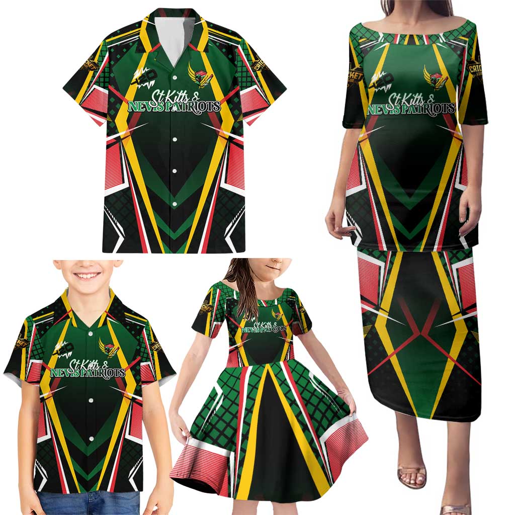 Personalised St Kitts and Nevis Cricket Patriots Family Matching Puletasi and Hawaiian Shirt Rising with Caribbean Battlefield