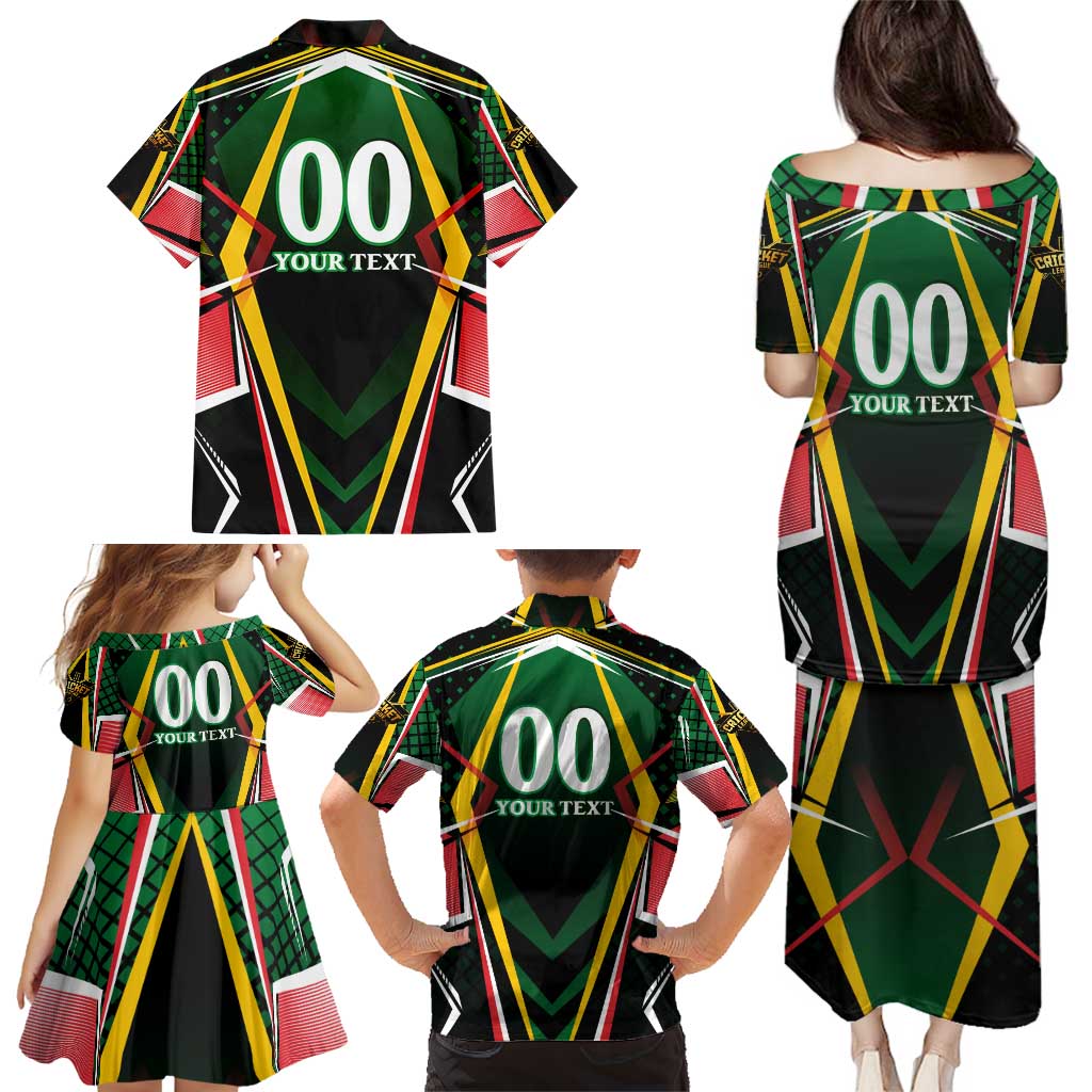 Personalised St Kitts and Nevis Cricket Patriots Family Matching Puletasi and Hawaiian Shirt Rising with Caribbean Battlefield