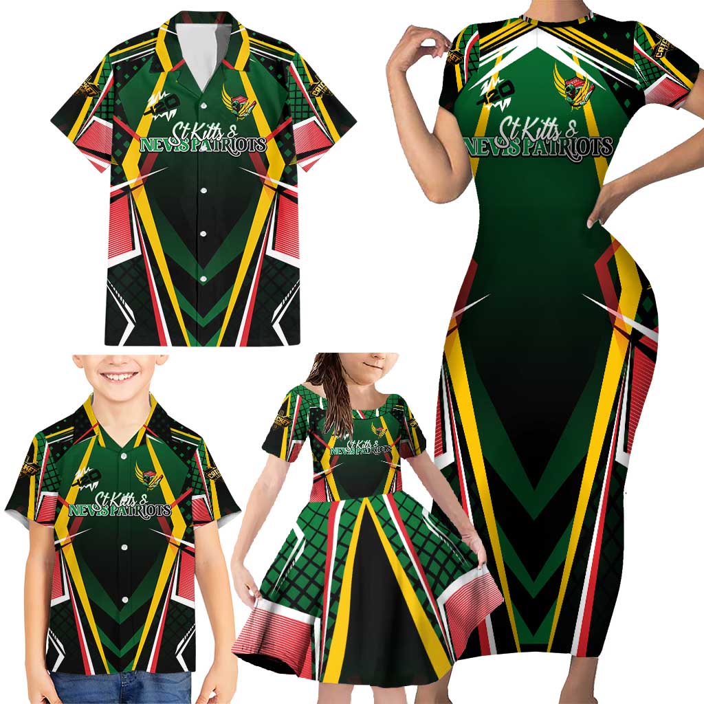 Personalised St Kitts and Nevis Cricket Patriots Family Matching Short Sleeve Bodycon Dress and Hawaiian Shirt Rising with Caribbean Battlefield
