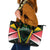 St Kitts and Nevis Cricket Patriots Leather Tote Bag Rising with Caribbean Battlefield