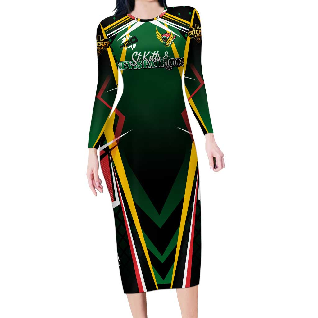 Personalised St Kitts and Nevis Cricket Patriots Long Sleeve Bodycon Dress Rising with Caribbean Battlefield