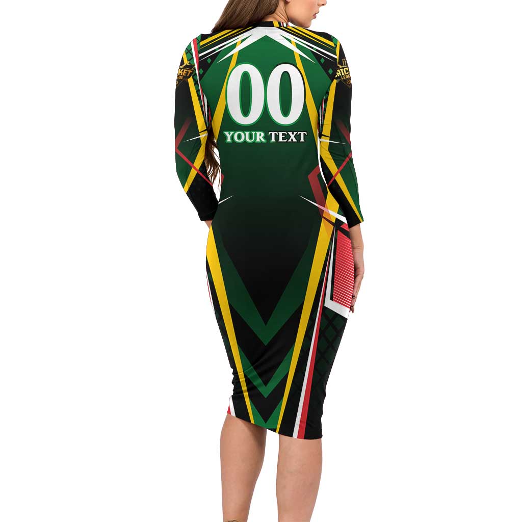Personalised St Kitts and Nevis Cricket Patriots Long Sleeve Bodycon Dress Rising with Caribbean Battlefield