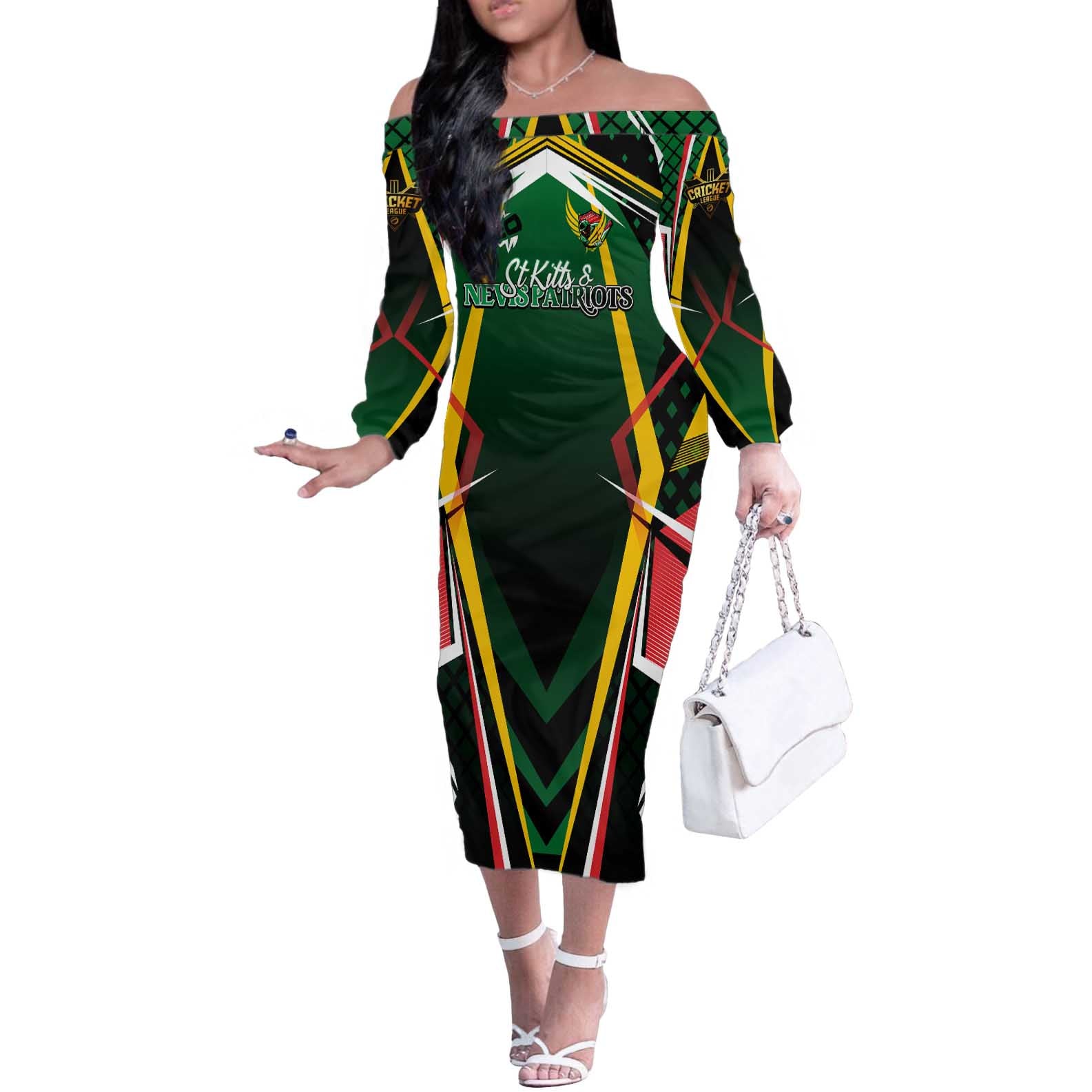 Personalised St Kitts and Nevis Cricket Patriots Off The Shoulder Long Sleeve Dress Rising with Caribbean Battlefield