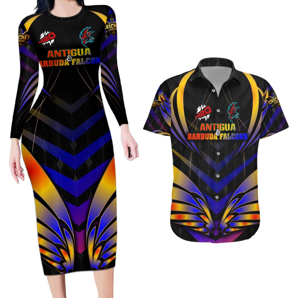 Personalised Antigua and Barbuda Cricket Falcons Couples Matching Long Sleeve Bodycon Dress and Hawaiian Shirt Wings of Glory