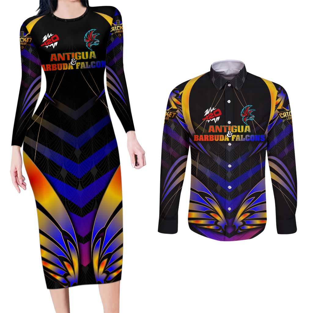 Personalised Antigua and Barbuda Cricket Falcons Couples Matching Long Sleeve Bodycon Dress and Long Sleeve Button Shirt Wings of Glory