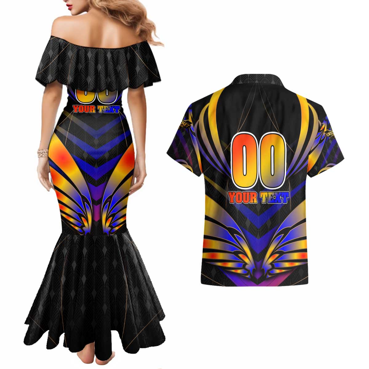 Personalised Antigua and Barbuda Cricket Falcons Couples Matching Mermaid Dress and Hawaiian Shirt Wings of Glory