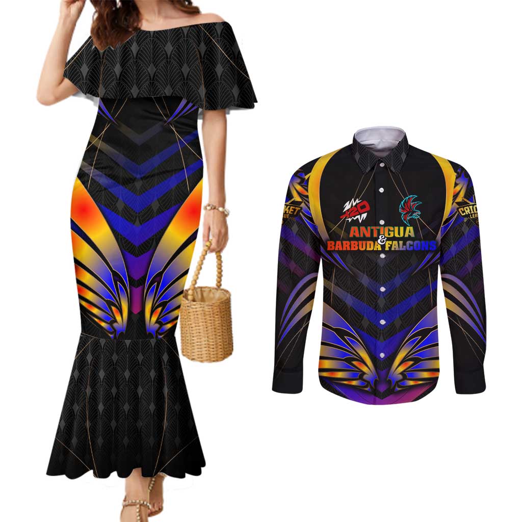 Personalised Antigua and Barbuda Cricket Falcons Couples Matching Mermaid Dress and Long Sleeve Button Shirt Wings of Glory