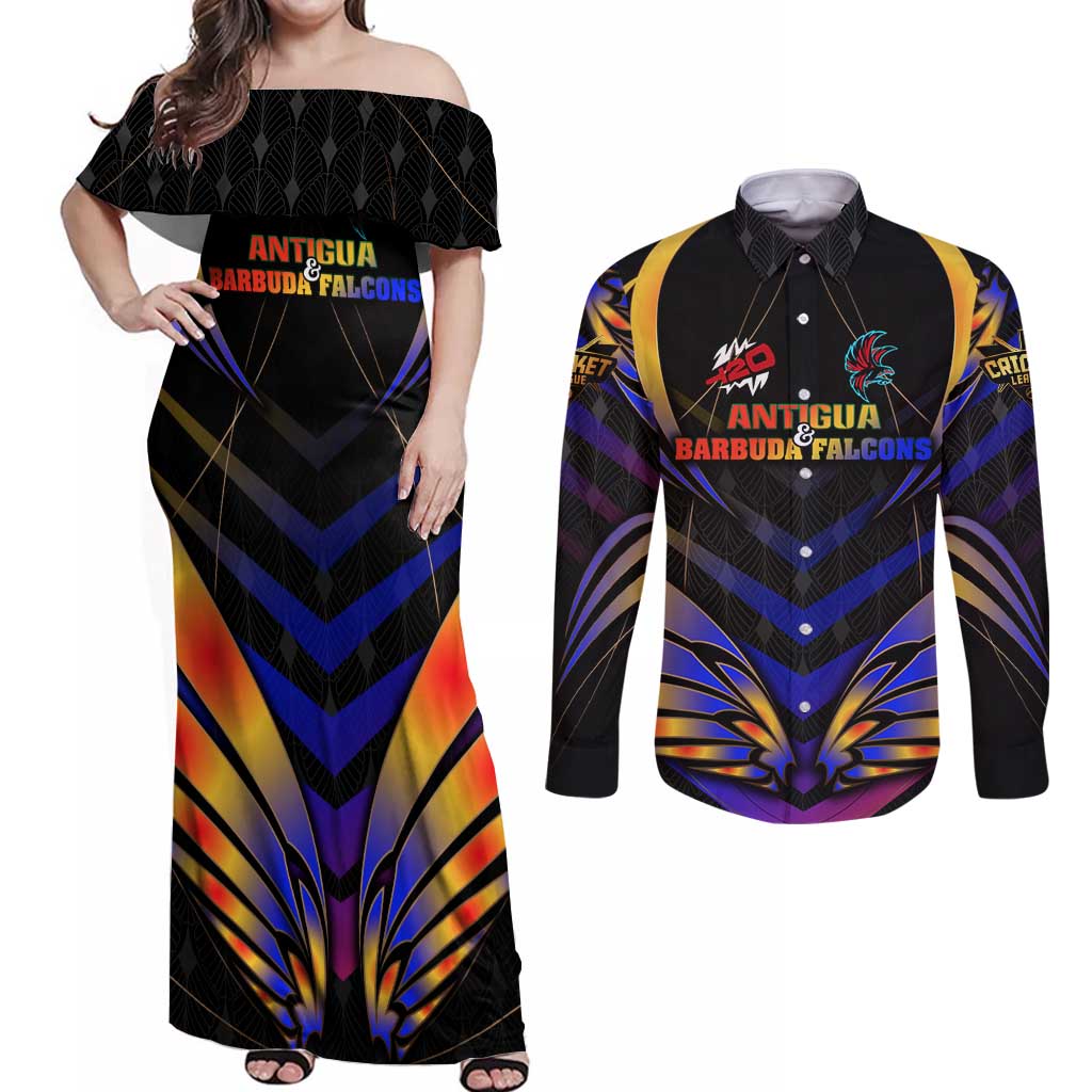Personalised Antigua and Barbuda Cricket Falcons Couples Matching Off Shoulder Maxi Dress and Long Sleeve Button Shirt Wings of Glory