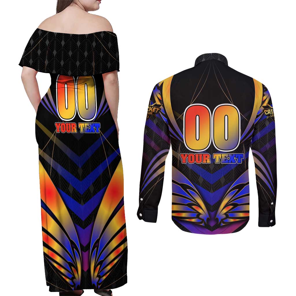 Personalised Antigua and Barbuda Cricket Falcons Couples Matching Off Shoulder Maxi Dress and Long Sleeve Button Shirt Wings of Glory