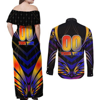 Personalised Antigua and Barbuda Cricket Falcons Couples Matching Off Shoulder Maxi Dress and Long Sleeve Button Shirt Wings of Glory