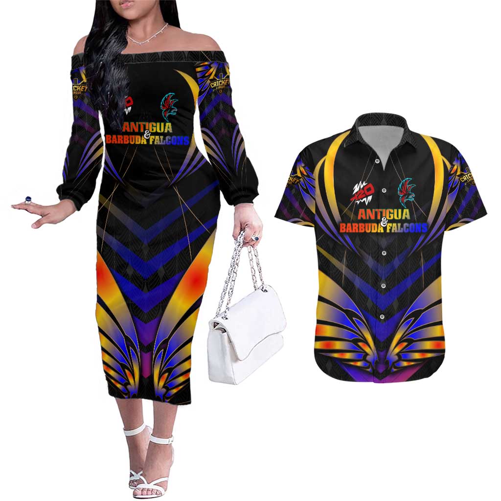 Personalised Antigua and Barbuda Cricket Falcons Couples Matching Off The Shoulder Long Sleeve Dress and Hawaiian Shirt Wings of Glory