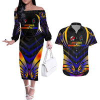Personalised Antigua and Barbuda Cricket Falcons Couples Matching Off The Shoulder Long Sleeve Dress and Hawaiian Shirt Wings of Glory