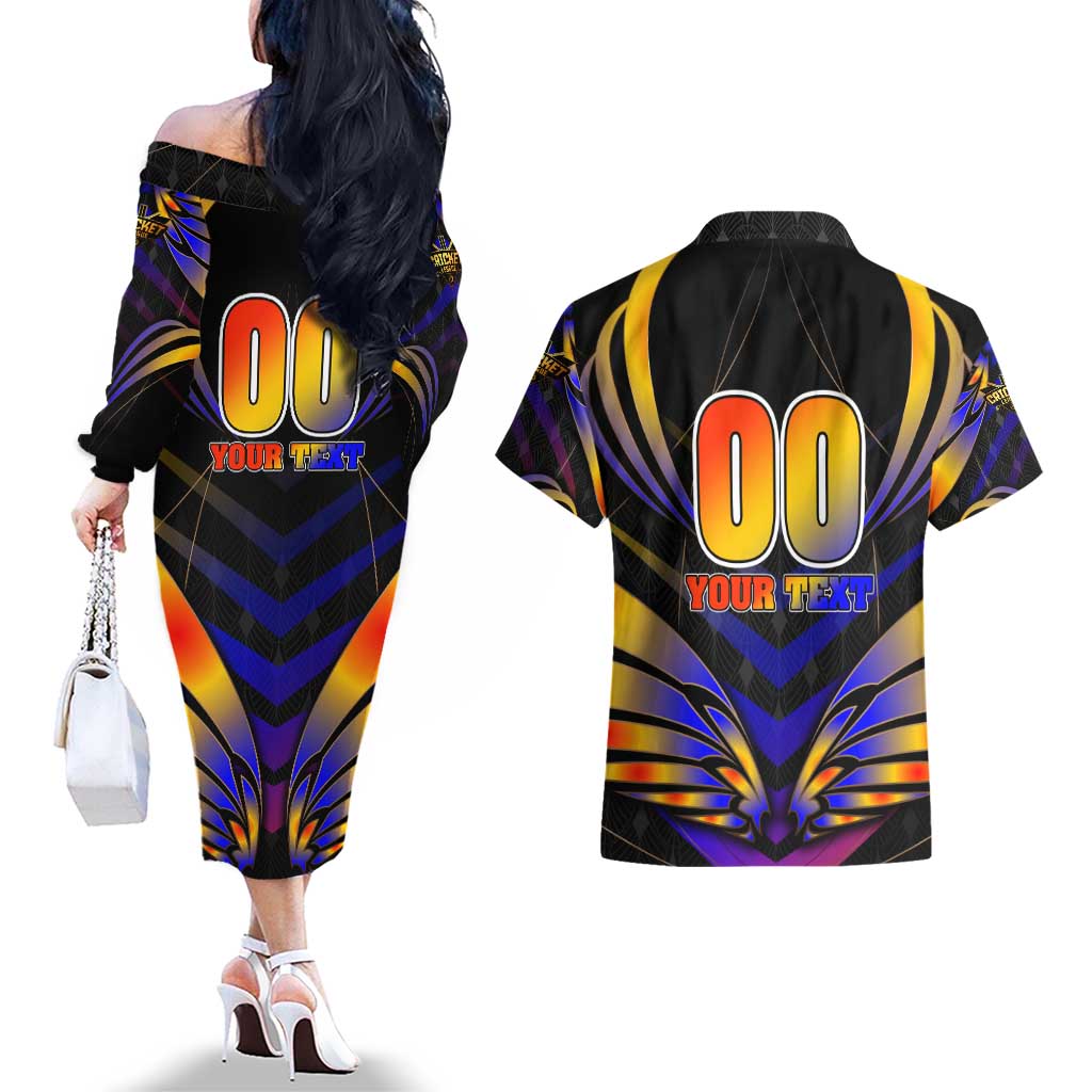 Personalised Antigua and Barbuda Cricket Falcons Couples Matching Off The Shoulder Long Sleeve Dress and Hawaiian Shirt Wings of Glory