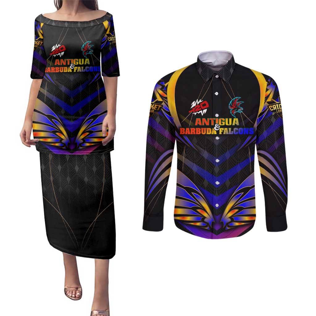 Personalised Antigua and Barbuda Cricket Falcons Couples Matching Puletasi and Long Sleeve Button Shirt Wings of Glory