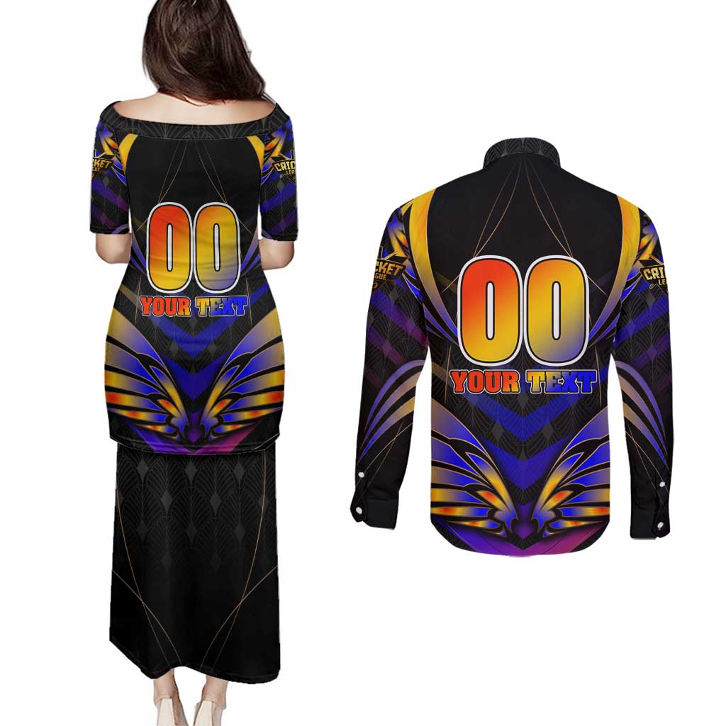 Personalised Antigua and Barbuda Cricket Falcons Couples Matching Puletasi and Long Sleeve Button Shirt Wings of Glory