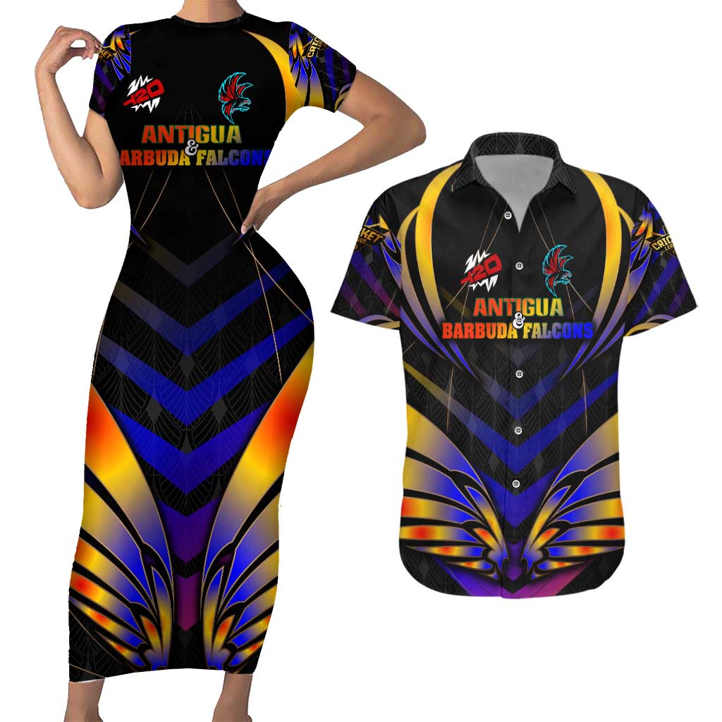 Personalised Antigua and Barbuda Cricket Falcons Couples Matching Short Sleeve Bodycon Dress and Hawaiian Shirt Wings of Glory