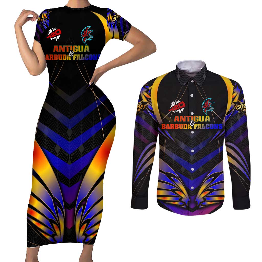 Personalised Antigua and Barbuda Cricket Falcons Couples Matching Short Sleeve Bodycon Dress and Long Sleeve Button Shirt Wings of Glory