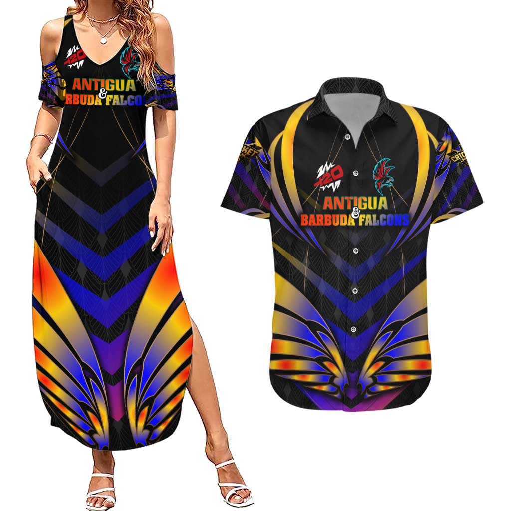 Personalised Antigua and Barbuda Cricket Falcons Couples Matching Summer Maxi Dress and Hawaiian Shirt Wings of Glory
