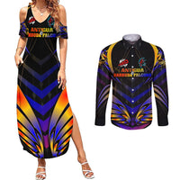 Personalised Antigua and Barbuda Cricket Falcons Couples Matching Summer Maxi Dress and Long Sleeve Button Shirt Wings of Glory