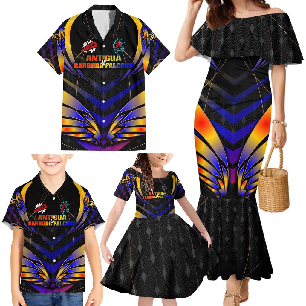 Personalised Antigua and Barbuda Cricket Falcons Family Matching Mermaid Dress and Hawaiian Shirt Wings of Glory