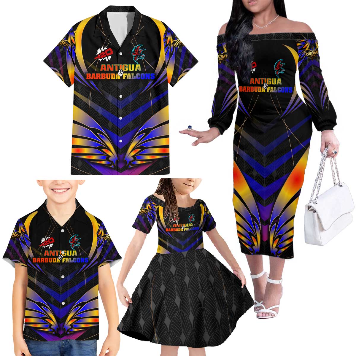 Personalised Antigua and Barbuda Cricket Falcons Family Matching Off The Shoulder Long Sleeve Dress and Hawaiian Shirt Wings of Glory