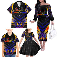 Personalised Antigua and Barbuda Cricket Falcons Family Matching Off The Shoulder Long Sleeve Dress and Hawaiian Shirt Wings of Glory