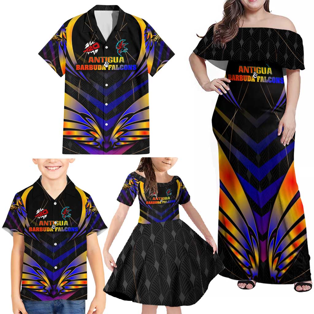 Personalised Antigua and Barbuda Cricket Falcons Family Matching Off Shoulder Maxi Dress and Hawaiian Shirt Wings of Glory