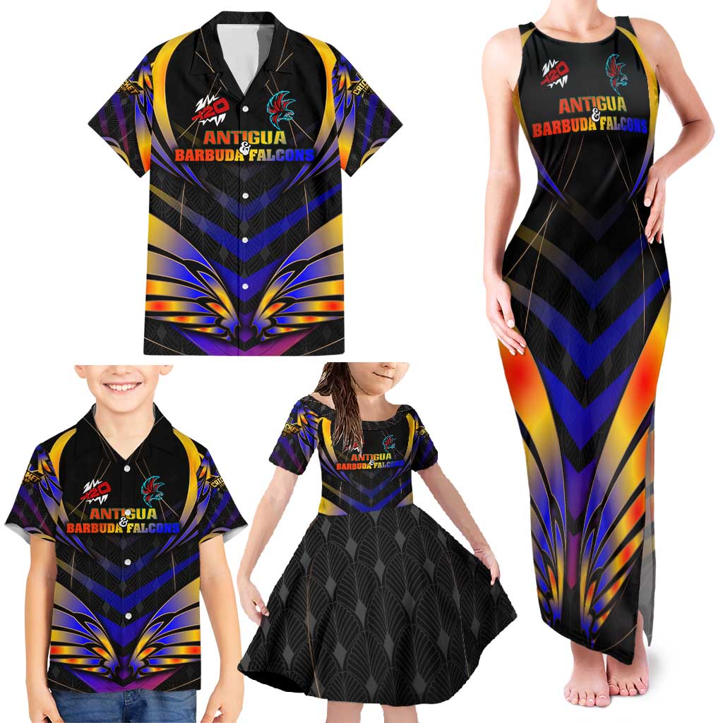 Personalised Antigua and Barbuda Cricket Falcons Family Matching Tank Maxi Dress and Hawaiian Shirt Wings of Glory