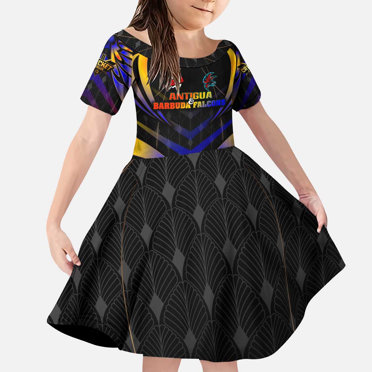 Personalised Antigua and Barbuda Cricket Falcons Kid Short Sleeve Dress Wings of Glory