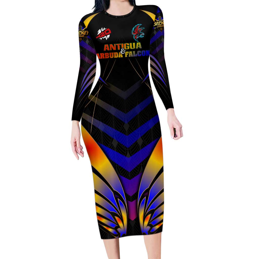 Personalised Antigua and Barbuda Cricket Falcons Long Sleeve Bodycon Dress Wings of Glory