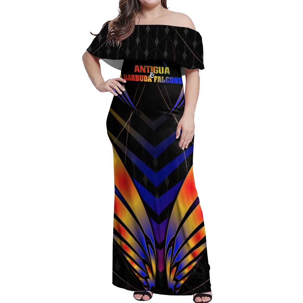Personalised Antigua and Barbuda Cricket Falcons Off Shoulder Maxi Dress Wings of Glory