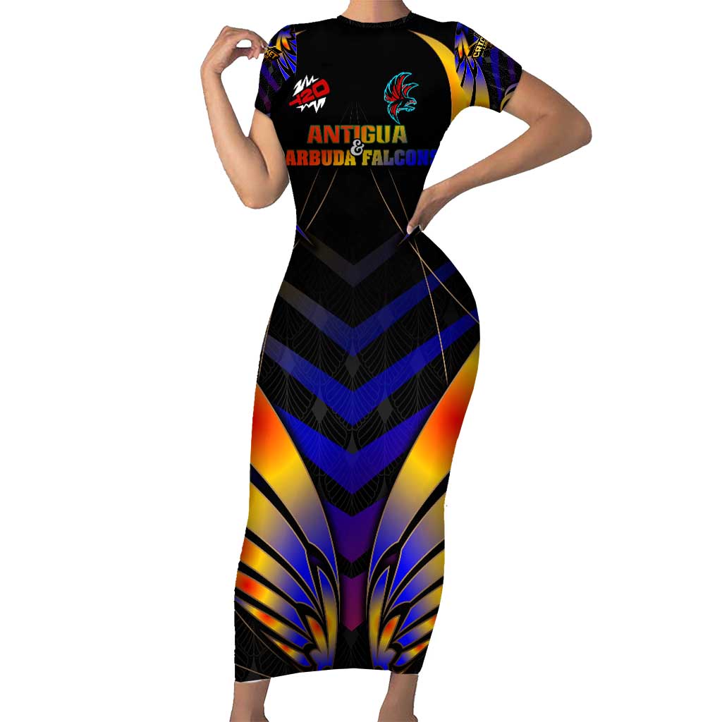 Personalised Antigua and Barbuda Cricket Falcons Short Sleeve Bodycon Dress Wings of Glory