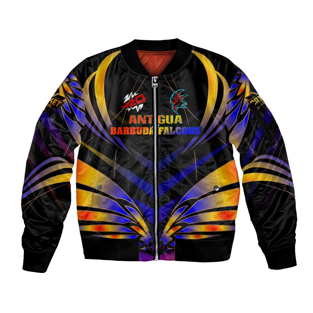 Personalised Antigua and Barbuda Cricket Falcons Sleeve Zip Bomber Jacket Wings of Glory
