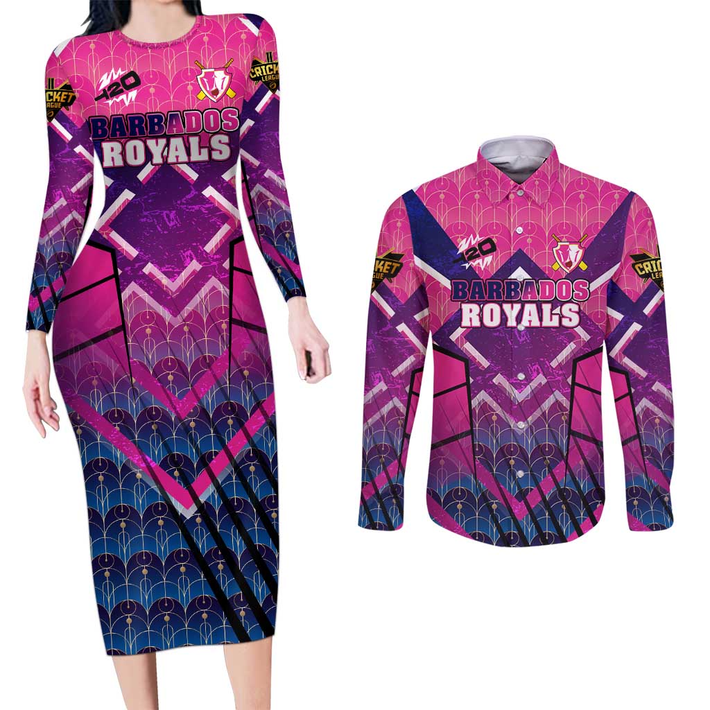 Personalised Barbados Cricket Royals Couples Matching Long Sleeve Bodycon Dress and Long Sleeve Button Shirt Crowned in Rhythm Style