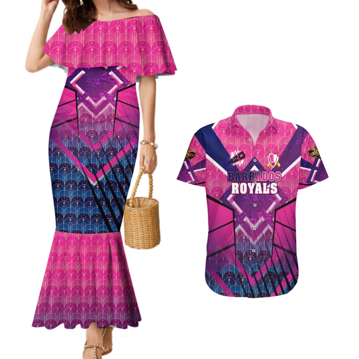 Personalised Barbados Cricket Royals Couples Matching Mermaid Dress and Hawaiian Shirt Crowned in Rhythm Style