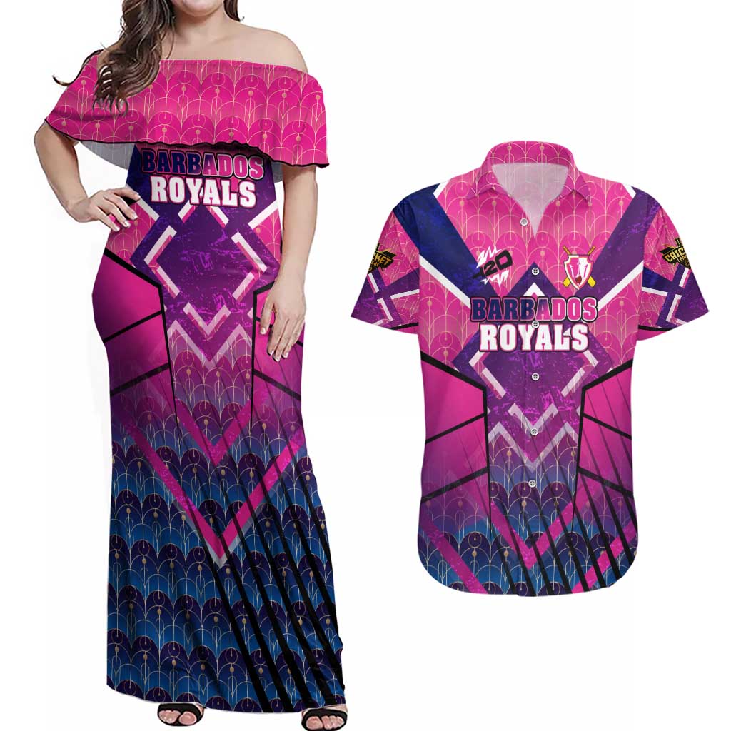 Personalised Barbados Cricket Royals Couples Matching Off Shoulder Maxi Dress and Hawaiian Shirt Crowned in Rhythm Style