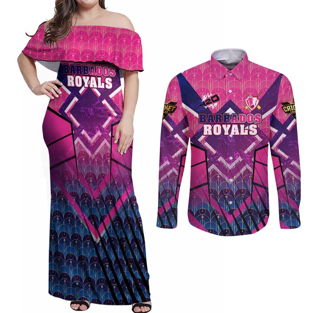Personalised Barbados Cricket Royals Couples Matching Off Shoulder Maxi Dress and Long Sleeve Button Shirt Crowned in Rhythm Style